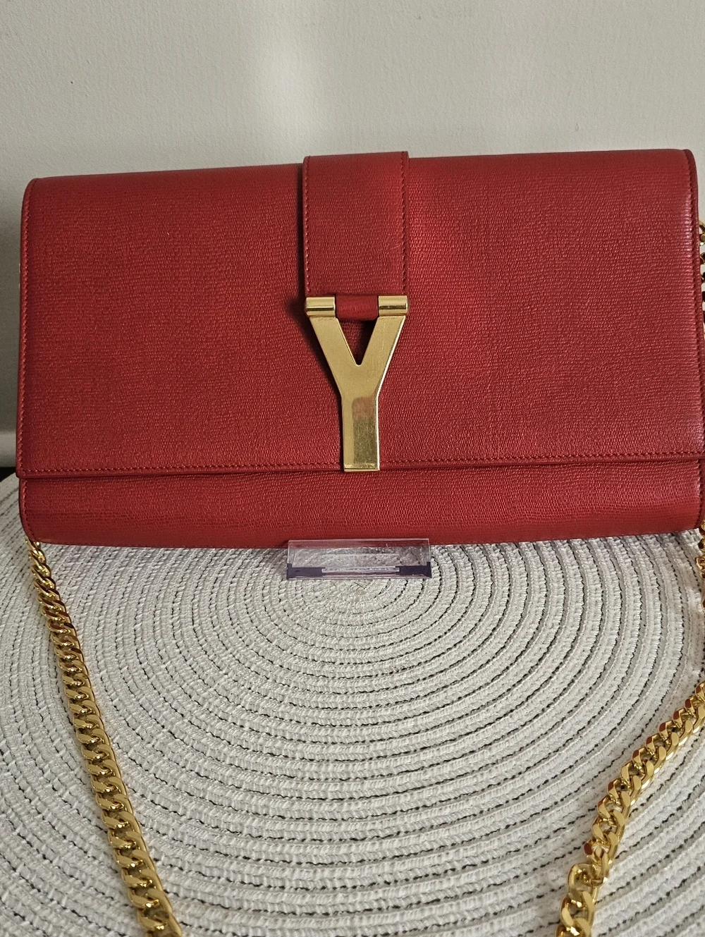 Saint Laurent Y Clutch in Red Pebbled Calfskin Leather with Gold Hardware - Picture 1 of 15